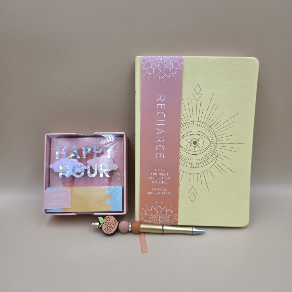 Yellow Recharge Journal with Pen and Happy Hour Note Pad